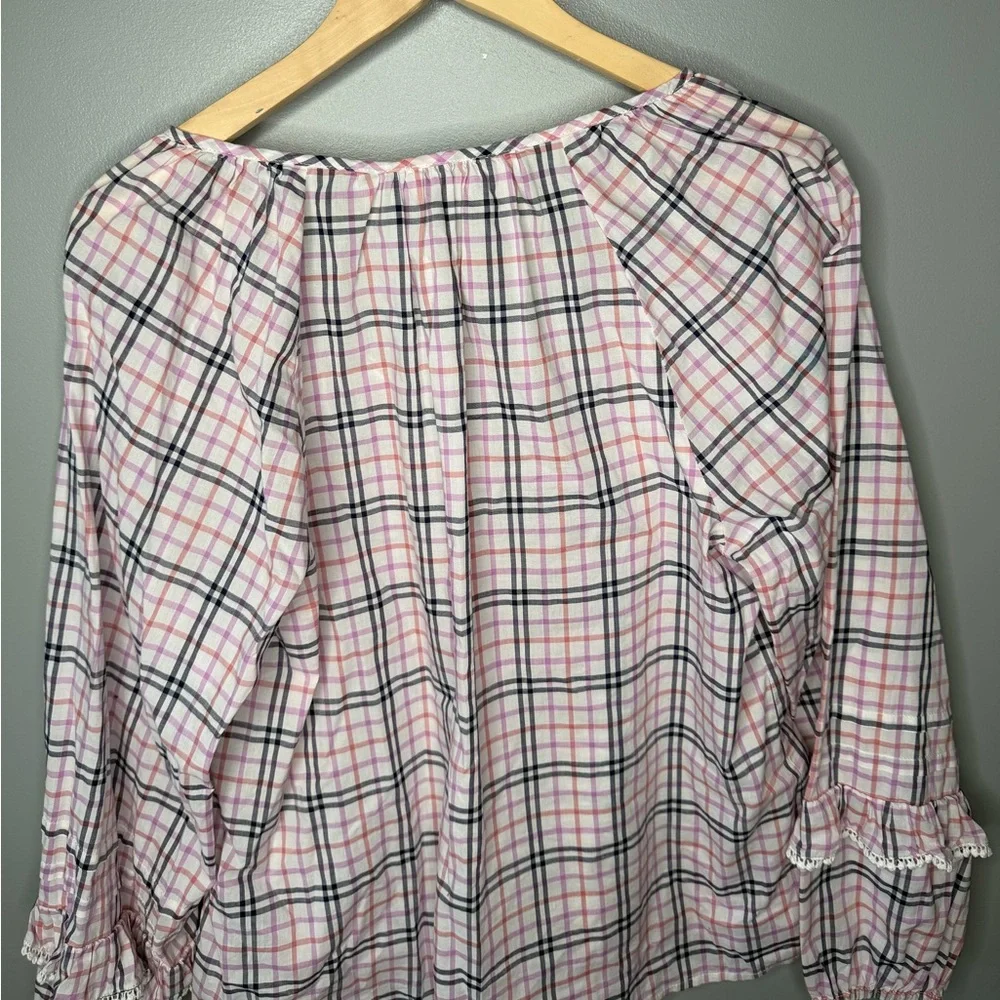 J. Crew Plaid Ruffle Trim Peasant Top